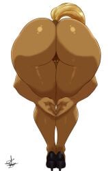 00284_(character) absurd_res anthro big_butt biped black_clothing black_footwear black_high_heels brown_body butt clothing equid equine fan_character female footwear footwear_only genitals glistening glistening_body hasbro hi_res high_heels high_heels_only horse mammal mostly_nude my_little_pony pony praise_da_booty_(meme) raised_tail rear_view saulazuli shoes simple_background solo tail thick_thighs vulva white_background