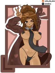 1girl 1girls :> :>= bikini black_tie boobs breasts brown_body brown_face brown_hair brown_jacket coilbun jacket jacket_around_waist jacket_on_shoulders jacket_open jacket_partially_removed micro_bikini news_lady_(roblox) nipples nipples_covered reference_image roblox roblox_avatar robloxian social_media tie white_background
