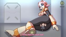 1girls big_ass big_breasts black_bodysuit blue_eyes bodysuit clothed cum_in_pussy godichi legs mega_man mega_man_x mega_man_x_dive nana_(mega_man) one_eye_closed open_mouth pink_hair pussy robot_girl short_hair smile text torn_clothes white_gloves