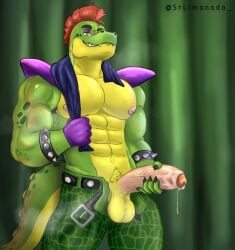 abs alligator alligatorid anthro armpit_hair balls biceps big_balls big_penis bodily_fluids body_hair bottomwear clothing crocodilian dripping erection eyebrows five_nights_at_freddy's five_nights_at_freddy's:_security_breach genital_fluids genitals green_body hair hi_res holding_penis male montgomery_gator muscular muscular_male orange_eyes pants pecs penis precum precum_drip red_hair reptile scalie scottgames solo srlimonada steel_wool_studios sweat yellow_body