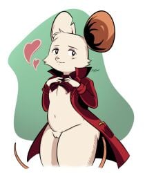 anthro breasts butt cape cheek_tuft clothed clothing clothing_pull coat cut_ear facial_tuft female flat_chested genitals head_tuft hi_res looking_at_viewer mammal mina_(mina_the_hollower) mina_the_hollower mouse murid murine nerdboner nipples notched_ear nude rodent shy simple_background small_breasts solo standing tail thick_thighs toony topwear tuft vest vulva wide_hips yacht_club_games