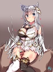 1boy animal_ears bare_shoulders black_legwear blue_eyes blush breasts cat_ears censored cleavage cum curvy dress ejaculation elbow_gloves female gloves gradient_background granblue_fantasy headgear heart-shaped_pupils highres kona_matsu korwa large_breasts long_hair miniskirt necklace outercourse penis projectile_cum silver_hair simple_background sitting sitting_on_person skirt smile solo_focus straight text thigh_sex thighhighs translated white_gloves white_legwear