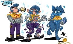 anthro ball_of_yarn blue_body blue_eyes blue_fur blue_hair bottomwear breasts bubbalossom clothing cybernetic_arm cybernetic_limb cyberpunk felid feline female forced forced_transformation fur fur_growth gender_transformation growth hacking hair hi_res human male male_to_female mammal mtf_transformation multi_breast pants pawpads purple_bottomwear purple_clothing purple_pants shirt speech_bubble topwear torn_clothing transformation transformation_sequence transformation_through_technology yarn yellow_clothing yellow_shirt yellow_topwear