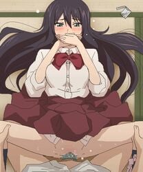 1boy aliasing amaama_to_inazuma black_eyes black_hair blush censored clothed_sex condom covering_mouth female hands_over_mouth iida_kotori long_hair penis pussy sex solo_focus sweat tagme tomu_(tomubobu)