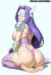 1girl ai_generated ass barefoot breasts covered_eyes digimon digimon_frontier erothus fairimon feet full_body gloves head-mounted_display kazemon large_breasts long_hair looking_back purple_hair purple_thighhighs seiza simple_background sitting smile soles solo sweat swimsuit thighhighs toes very_long_hair