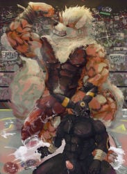 abs anthro arcanine armpit_hair artjackal balls black_body black_fur black_sclera bodily_fluids body_hair breath canid canine canis claws crowd cum cum_on_face cum_puddle cum_string duo eeveelution erection exhibitionism fighting_ring fur generation_1_pokemon generation_2_pokemon genital_fluids genitals group hi_res knot male male/male mammal muscular muscular_anthro musk nintendo nipples nude open_mouth orange_body pawpads pecs penile_spines penis pokemon pokemon_(species) pregnant pregnant_male pubes red_eyes red_sclera scar tail teeth tongue umbreon voyeur