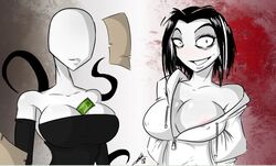 areola breasts cleavage creepypasta dress erect_nipples female hair jeff_the_killer large_breasts rule_63 sexualyeti short_hair slenderman slenderwoman smile sweatshirt