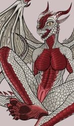 abs anthro big_breasts breasts claws colored curvy_figure detailed detailed_scales digital_drawing_(artwork) digital_media_(artwork) dragon fangs featureless_breasts feet female genitals hi_res horn humanoid_feet line_art looking_at_viewer markings membrane_(anatomy) membranous_wings multi_horn muscular muscular_anthro muscular_female mythological_creature mythological_scalie mythology nifteris non-mammal_breasts nude open_mouth pawpads plantigrade presenting pupils red_body red_markings red_scales scales scalie shaded sharp_teeth sitting slit_pupils smile solo spread_legs spreading tail teeth thick_thighs toothy_smile ventral_scales vulva white_body white_scales wide_hips wings yellow_eyes