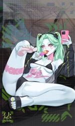 1girl 1girls 2026 2d 2d_(artwork) artist_logo artist_name artist_signature artwork_(digital) bare_legs bare_midriff bare_thighs bikini black_bikini cyberpunk:_edgerunners detailed_background face_markings feet feet_focus flip_flops green_eyebrows green_hair green_nails holding_phone holding_popsicle hotoke_shizuka ice_cream jacket jacket_open light_green_hair looking_at_viewer melting_popsicle multicolored_eyes one_arm_up one_foot_raised one_leg_up pink_markings pink_phone rebecca_(edgerunners) red_sclera solo tagme tattoo tattoo_on_belly tattoo_on_legs tattoo_on_neck tattoos tongue_out twintails white_body white_skin