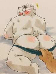 anthro ass bear big blush clothed clothing colored donuts72 male mammal pants_down pantsing partially_clothed polar_bear simple_background underwear underwear_down white_background yaoi