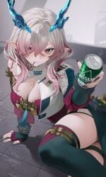 1girls absurd_res arknights arknights:_endfield arm_support black_skirt black_thighhighs blue_horn breasts can cleavage cropped_jacket dragon_girl fingerless_gloves gloves highres holding holding_object large_breasts looking_at_viewer mi_fu_(arknights:_endfield) mole mole_on_breast mole_under_eye mouth_hold nails oikomia pointy_ears shirt sitting skirt solo thigh_strap thighhighs white_jacket