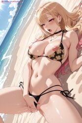 1girl ai_generated bangs beach beach_umbrella bikini black_bikini blonde_hair blush breasts choker collarbone day earrings eyebrows_visible_through_hair female_ejaculation fingering hi_res high_quality high_resolution horizon jewelry kiraamane large_breasts long_hair lying marin_kitagawa masturbation my_dress_up_darling navel nipples ocean on_back open_mouth outdoors patreon pussy pussy_juice red_eyes saliva sand seductive sexy side-tie_bikini solo spread_legs swimsuit uncensored water watermark wet