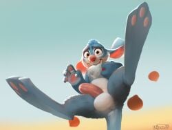 2021 4:3 anthro balls bandicoot big_feet bilby bilby_(dreamworks) butt chest_tuft dated erection falling feet floppy_ears food foot_focus fur genitals hi_res holding_food holding_object humanoid_genitalia humanoid_penis korichi looking_at_viewer male male_anthro mammal marsupial nude open_mouth penis perry_(bilby) plantigrade round_nose simple_background solo spread_legs spreading surprised tuft whiskers wide_eyed
