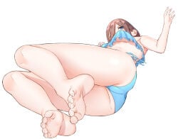 1girls ass bare_arms bare_legs bare_shoulders barefoot bikini blue_bikini blue_eyes blush breasts commentary_request feet female_focus frilled_bikini frills from_below from_side go-toubun_no_hanayome groin hair_between_eyes hands_up highres kongbai legs long_hair looking_at_viewer looking_down medium_breasts nakano_miku side-tie_bikini_bottom soles solo swimsuit thighs toenails toes underboob