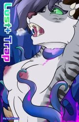 anthro aroused blue_hair bodily_fluids breasts charr cover cover_art cover_page domestic_cat drooling fangs felid feline felis female fur green_eyes grey_body grey_fur guild_wars hair heat_(temperature) hi_res horn kyu-maru mammal mimic nipples open_mouth restrained restrained_by_tentacles saliva sex solo teeth tentacle_sex tentacles white_body white_fur