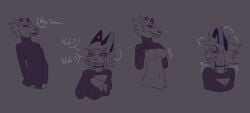 2026 anthro bangs blush blush_lines breasts canid canid_demon canine canis cleavage_cutout clothed clothing comic cutout demon dialogue digital_drawing_(artwork) digital_media_(artwork) duo english_text felid female female/female flashing flashing_breasts flustered fox hair hellhound hi_res hybrid ivory_(pantheggon) mammal mythological_canine mythological_creature mythology nipples open_mouth pantheggon pantherine pulling_shirt_up questionable_consent sam_(gfyguy) side_bangs simple_background snow_leopard speech_bubble sweater text topwear turtleneck wolf