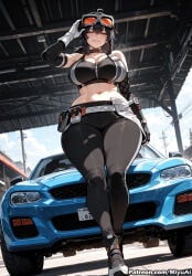 1girl ai_assisted ai_generated bare_shoulders black_hair breasts choker curvaceous curvy curvy_female curvy_figure eyewear_on_head female gloves grace_howard ground_vehicle large_breasts midriff miyuai motor_vehicle motorcycle navel short_hair smile solo standing sunglasses thick thick_ass thick_butt thick_hips thick_legs thick_thighs voluptuous voluptuous_female wide_hips wide_thighs zenless_zone_zero