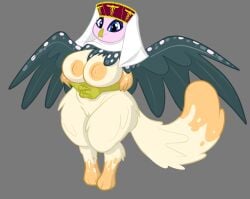 anthro avian beak belly big_breasts big_butt breasts butt claws clothing eyelashes feathers female fluffy fluffy_tail fur genitals gryphon hands_folded hat headgear headwear hi_res mythological_avian mythological_creature mythology nipples paws shawl simple_background slightly_chubby small_beak solo standing tail veil villegreen vulva wide_hips wings