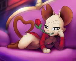 3_toes 5:4 anthro barefoot bedroom_eyes bottomless breasts clothed clothing feet female flat_chested flower fur genitals gesture hi_res lennoxicon looking_at_viewer mammal mina_(mina_the_hollower) mina_the_hollower mouse murid murine narrowed_eyes nipples notched_ear nude plant rodent rose_(flower) seductive small_breasts solo tail tail_gesture tail_heart thick_thighs toes topwear vulva white_body white_fur wide_hips yacht_club_games