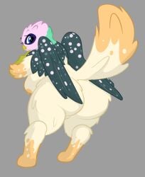absurd_res anthro avian beak big_breasts big_butt breasts butt claws feathers female fluffy genitals gryphon hi_res mythological_avian mythological_creature mythology nipples paws presenting presenting_hindquarters rear_view simple_background slightly_chubby small_beak solo villegreen vulva wide_hips wings worried
