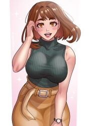 1girls boku_no_hero_academia brown_eyes brown_hair cheek_spots dangerousbride eyelashes female female_only looking_at_viewer medium_hair my_hero_academia ochako_uraraka open_mouth pink_lips smiling smiling_at_viewer solo very_high_resolution