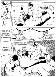 anthro ballbusting balls balls_touching barazoku belly big_belly black_and_white canid canine clothed clothed_anthro clothed_male clothing cock_and_ball_torture comic dialogue digital_drawing_(artwork) digital_media_(artwork) duo_focus english_text genital_torture genitals gloves grin group hair handwear hatching_(art) hi_res male male_anthro mammal monochrome mouse murid murine muscular muscular_anthro overweight overweight_anthro overweight_male pain penis raccoon_dog reagan700 rodent shaded small_penis smile speech_bubble tanuki teeth text tied_hair toothy_grin