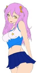 1girls cheerleader cheerleader_uniform danganronpa_another facial_markings facial_tattoo fanganronpa female female_only only_female pantyshot pink_hair solo solo_female tomori_kizuna tounge_out twintails yellow_eyes