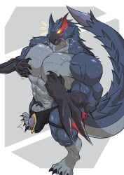 abs absurd_res anthro armpit_hair barazoku bodily_fluids body_hair bulge capcom claws clothing detailed_bulge fangs flying_wyvern fur genitals geryorias glowing glowing_eyes hi_res humanoid_genitalia humanoid_penis jockstrap male monster_hunter muscular muscular_anthro muscular_male nargacuga nipple_fetish nipple_play nipples pecs penis pubes simple_background solo standing sweat tail teeth tongue tongue_out underwear vein veiny_muscles veiny_penis wings yellow_eyes