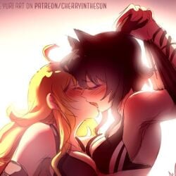 2girls black_hair black_hair_female blake_belladonna blonde_female blonde_hair canon_couple cherryinthesun cleavage half-dressed half_naked half_naked_female kissing long_hair long_hair_female rwby yang_xiao_long