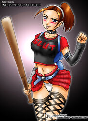 1girls baseball_bat english_text female female_only fishnet_stockings jo-beth_casey john_joseco plaid_skirt solo solo_female text timesplitters timesplitters:_future_perfect white_panties