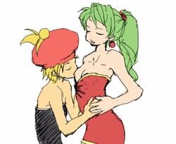 2girls blonde_hair breast_outside breast_sucking breasts closed_eyes color female female_only final_fantasy final_fantasy_vi green_hair hand_on_hand hat nipples ponytail relm_arrowny sketch standing tagme terra_branford yuri