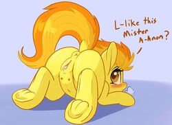 1girls 2015 aged_down anus ass ass_up blush clitoral_winking clitoris crotchboobs cub cutie_mark dialogue dock english_text equine female feral friendship_is_magic hair hi_res hooves mammal my_little_pony navel orange_hair pegasus presenting presenting_hindquarters pusspuss pussy solo spitfire_(mlp) text tiny_crotchboobs two_tone_hair underhoof wings wonderbolts_(mlp) young