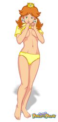 1girls accurate_art_style breasts brown_hair clothing covering_breasts crown earrings extremeexe female female_only green_eyes half_nude human lips looking_at_viewer mario_(series) navel nintendo official_style panties princess_daisy shirt shirt_lift smile solo straight_hair super_mario_bros. super_princess_peach thighs twintails undressing yellow_panties