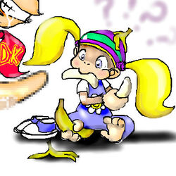 1boy 1girls ???? banana blonde_hair blue_eyes censored donkey_kong donkey_kong_(series) food fruit nintendo penis simple_background tiny_kong twintails white_background