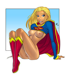 ass blonde_hair blue_eyes bottomless bottomless_female breasts dc_comics female hair long_hair looking_at_viewer mac_(artist) miravi nipples pussy solo supergirl superman_(series)