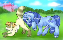 blue_eyes blue_fur blue_hair blush breasts brown_eyes brown_hair castle feral feral_on_anthro hooves humanoid_penis multicolored_fur my_little_pony nipples on_fours public raised_ass raised_tail straight tagme tongue_out unicorn unicorn_horn yellow_body yellow_eyes