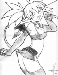 alternate_breast_size artist_request ass bat_wings breasts cleavage collar demon_girl disgaea disgaea_1 elbow_gloves etna fangs gloves grafite_(medium) miniskirt monochrome nippon_ichi_software pointy_ears short_twintails skirt smile tail thighhighs tied_hair traditional_media twintails wings