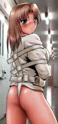 asylum blue_eyes blush bondage bottomless brown_hair from_behind jpeg_artifacts looking_back original photo_background shingyouji_tatsuya straitjacket sweat