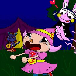 1boy 2girls animal_crossing animal_crossing_girl female imminent_rape katrina_(animal_crossing) male nintendo penis pink_fur pink_hair purple_fur rabbit running snake_(animal_crossing) straight_hair tears villager_(animal_crossing)