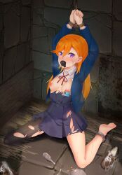 blush bondage bound bound_ankles bound_wrists breasts cum_in_shoe female female_only femsub gag gagged looking_at_viewer love_live! nipple_piercing nipple_tag orange_hair piercing purple_eyes shibuya_kanon sock_in_mouth stuffed_mouth_gag topless torn_clothing