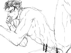 1boy black_hair censor_bar censored censored_penis closed_eyes implied_sex jojo's_bizarre_adventure jotaro_kujo kuu_(artist) looking_pleasured male male_nipples male_only muscular_male nude nude_male penis sketch stardust_crusaders