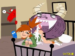 2004 bloo blue_body breasts cartoon_network clothed cum cum_in_hair cum_on_ass cum_on_back cum_on_body cum_on_clothes eduardo_(fhfif) fangs female foster's_home_for_imaginary_friends frankie_foster human in_bed looking_at_partner looking_back madame_foster male purple_fur red_body red_hair shirt_lift straight tdk wilt