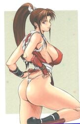 1girls anus ass breasts brown_eyes brown_hair fatal_fury female female_only glamorous_colors_1 hair highres human king_of_fighters large_breasts long_hair mai_shiranui momoi_nanabei ponytail solo thong tied_hair white_background