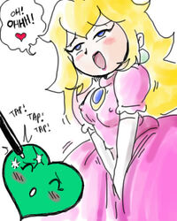 blonde_hair blue_eyes blush closed_eyes dress earrings elbow_gloves english_text erect_nipples female female_only gameplay_mechanics heart human jewelry long_hair lowres mario_(series) nintendo nintendo_ds nipples open_mouth orgasm p.chronos parody princess princess_peach solo straight_hair stylus super_princess_peach text