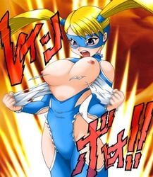 blue_eyes breasts capcom female female_only human mask nipples rainbow_mika solo straight_hair street_fighter text tied_hair torn_clothes toushi_ryoku translated twintails