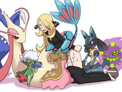 1girls blonde_hair blush cynthia_(pokemon) female femsub garchomp gastrodon human lucario milotic pokemon pokemon_(species) pokemon_dppt pokephilia restrained roserade spiritomb tagme