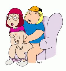 artist_request blonde_hair blue_shirt bottomless bottomless_male breasts brown_hair chair chair_position chris_griffin duo earrings eyes_closed family_guy female glasses hat human incest light-skinned_female light-skinned_male light_skin male male_penetrating_female meg_griffin open_mouth panties_down pink_panties red_hat sex shirt_up sitting straight torso_grab