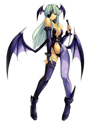 asymmetrical_clothes bare_shoulders bat_wings breasts capcom clothes clothing darkstalkers demon_girl eye_patch fingerless_gloves gloves green_eyes green_hair hair head_wings headwings highres large_breasts leather long_hair midriff morrigan_aensland nail_polish pantyhose shingo_(artist) shingo_(missing_link) single_thighhigh small_breasts solo stockings succubus tan thighhighs vampire_savior whip wings