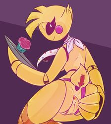 animatronic ass avian bib bird chicken clothing color cupcake_(fnaf) five_nights_at_freddy's five_nights_at_freddy's_2 jailbait_knight machine panties panty_pull pussy robot solo spread_ass spreading toy_chica_(fnaf) tray underwear video_games