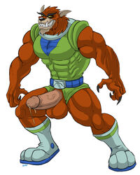 abs balls belt biceps big_balls big_muscles big_penis boots bottomless canine claws clothed clothing erection fangs fangster footwear fur ghostbusters_(filmation) green_sclera grin male male_only mammal muscular muscular_male mutant_serpentina pecs penis pose precum red_fur shoulder_pads simple_background solo uncut vein veiny_penis were werewolf white_background